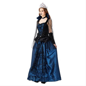 Halloween Disfraz de Fiesta Hechicera Azul Vestido de Corte Retro Medieval Vestido de Reina Cosplay para Adultos Femenino